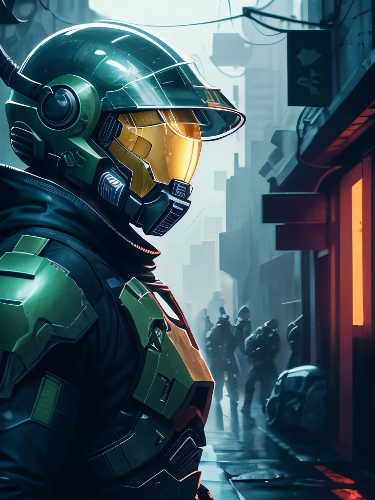 a close up of a person in a helmet in the rain, cyberpunk art by John La Gatta, tumblr, conceptual art, master chief, halo master chief, master chief from halo, halo infinite!!, master chief in cyberpunk city, vibrant fan art, halo, fantasy art of doom slayer, adam driver as master chief, epic art style, from doom and halo