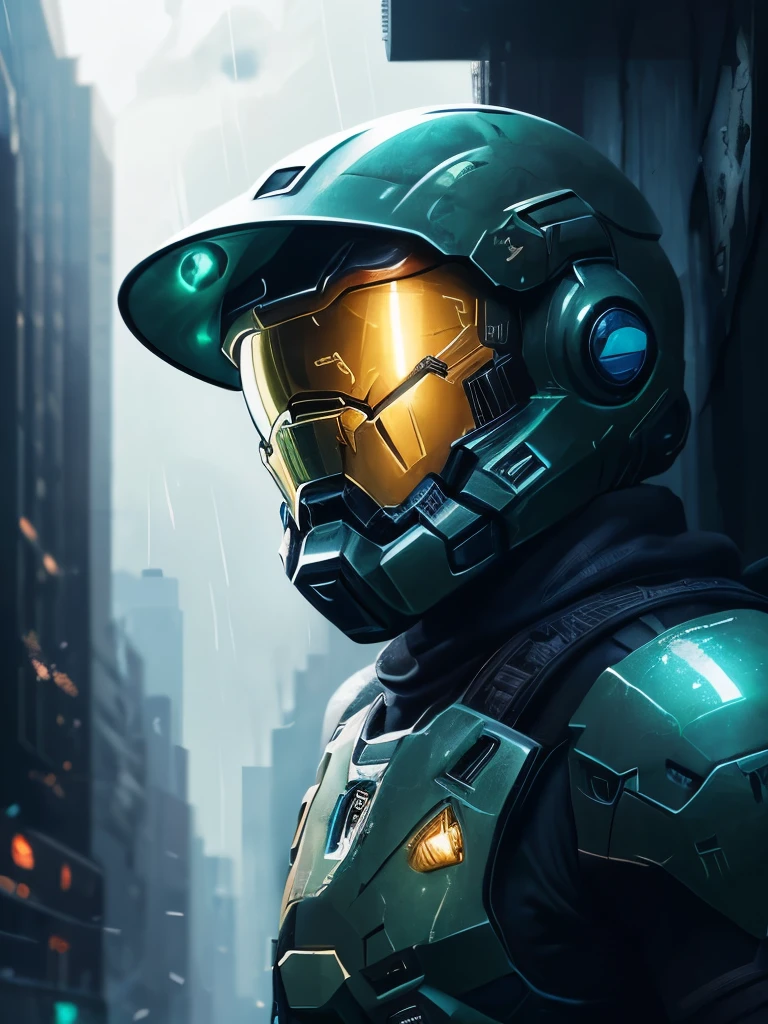 a close up of a person in a helmet in the rain, cyberpunk art by John La Gatta, tumblr, conceptual art, master chief, halo master chief, master chief from halo, halo infinite!!, master chief in cyberpunk city, vibrant fan art, halo, fantasy art of doom slayer, adam driver as master chief, epic art style, from doom and halo