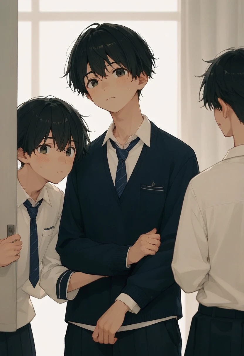  male、二人のmale、high school student、Student Uniform、slacks、 loose necktie、whole body、Black Hair、Summer sunlight、study、二人のmaleが濃厚なキスをする、Two men who take off their clothes themselves 、 long bangs、Black Hair、