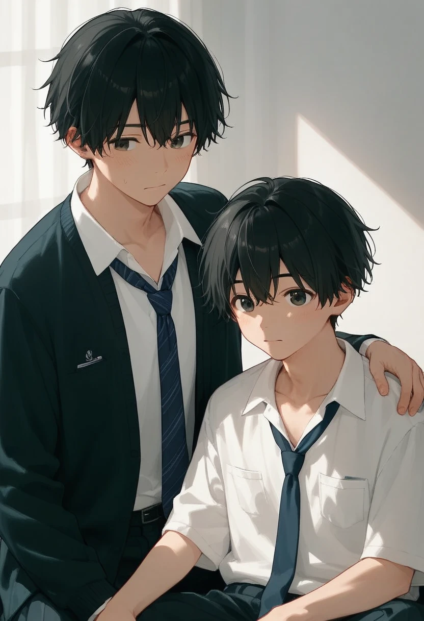  male、二人のmale、high school student、Student Uniform、slacks、 loose necktie、whole body、Black Hair、Summer sunlight、study、二人のmaleが濃厚なキスをする、Two men who take off their clothes themselves 、 long bangs、Black Hair、