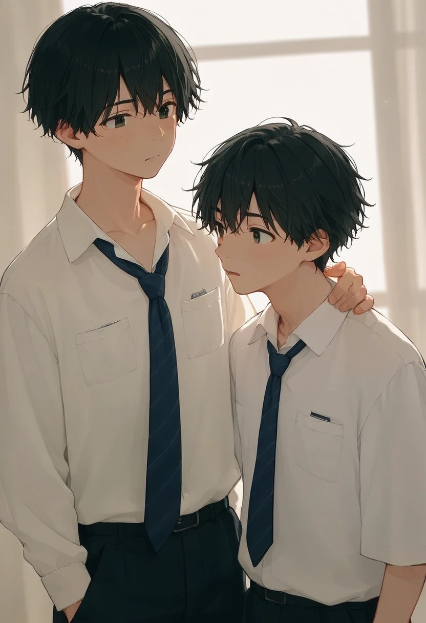  male、二人のmale、high school student、Student Uniform、slacks、 loose necktie、whole body、Black Hair、Summer sunlight、study、二人のmaleが濃厚なキスをする、male同志の恋愛、 long bangs、Black Hair、