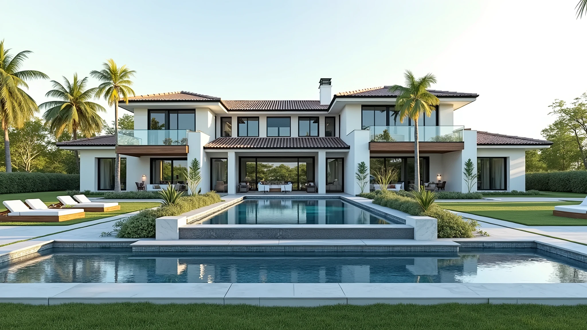 (masterpiece), (realistic0, photo of Modern luxury home with a two-story design, large glass windows, and surrounded by palm trees and lush greenery. The house features a large swimming pool in front, with manicured lawns and stone walkways, all bathed in bright daylight.