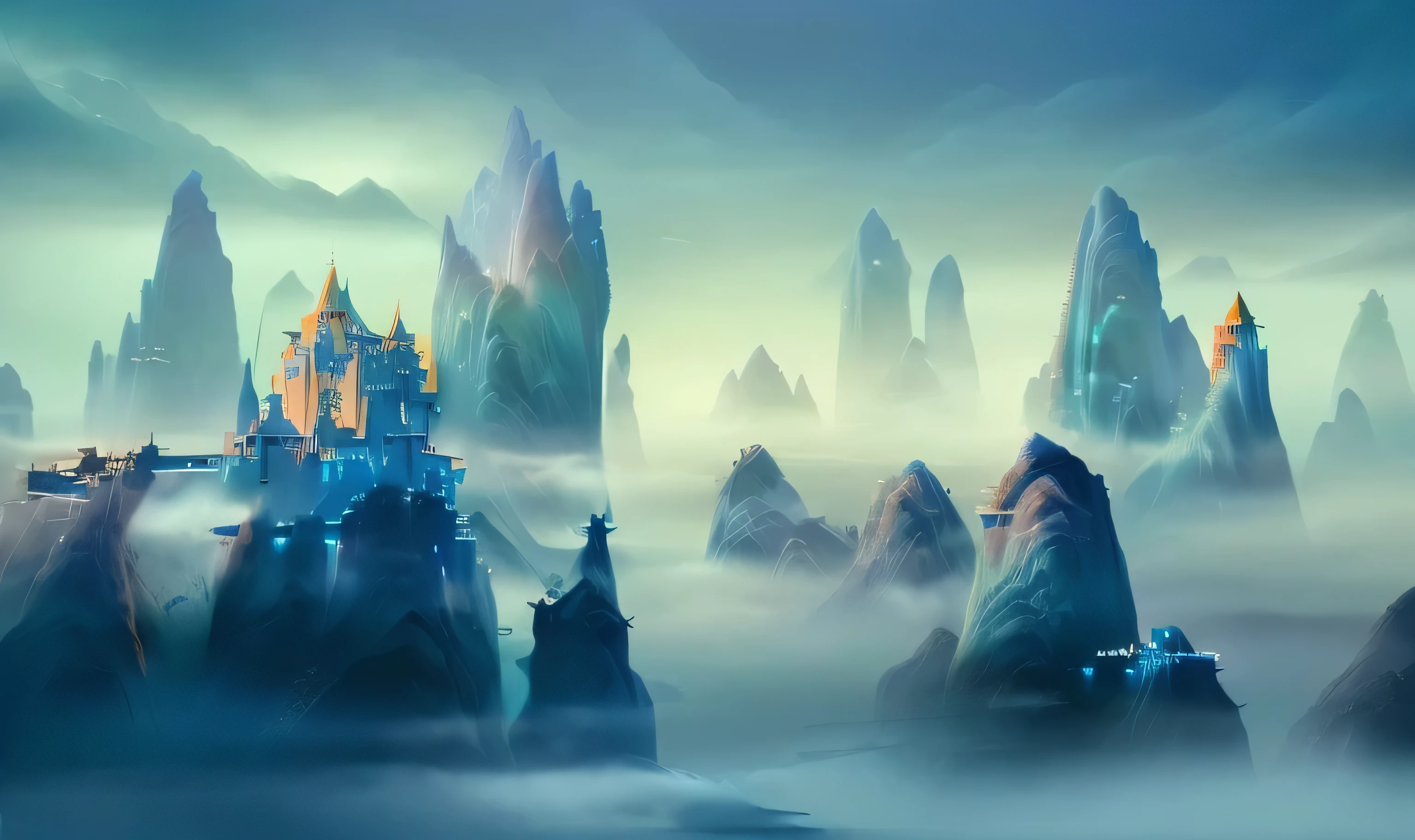 There's a castle ， in the middle of the mountain ，Background is sky, dota Matte painting concept map, Fantasy style matte painting, dota! Matte painting concept map,  illustration matte painting , Game Art Painting, Fantasy painting, Matte painting concept map,  matte painting mystical dota Pixar,  moody fog fantasy art , high Fantasy painting, Fantasy painting，Lovely