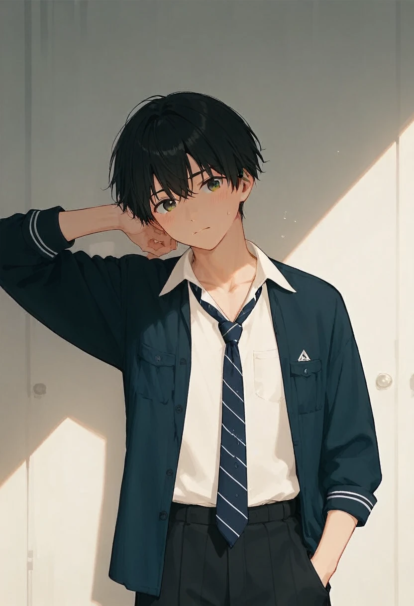  male、二人のmale、high school student、Student Uniform、slacks、 loose necktie、whole body、Black Hair、Summer sunlight、smale同士のの濃厚なキスをする、male同士の恋愛、 long bangs、Black Hair、