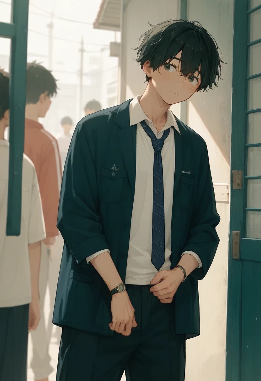  male、二人のmale、high school student、Student Uniform、slacks、 loose necktie、whole body、Black Hair、Summer sunlight、study、二人のmaleがキスをする、 long bangs、Black Hair、