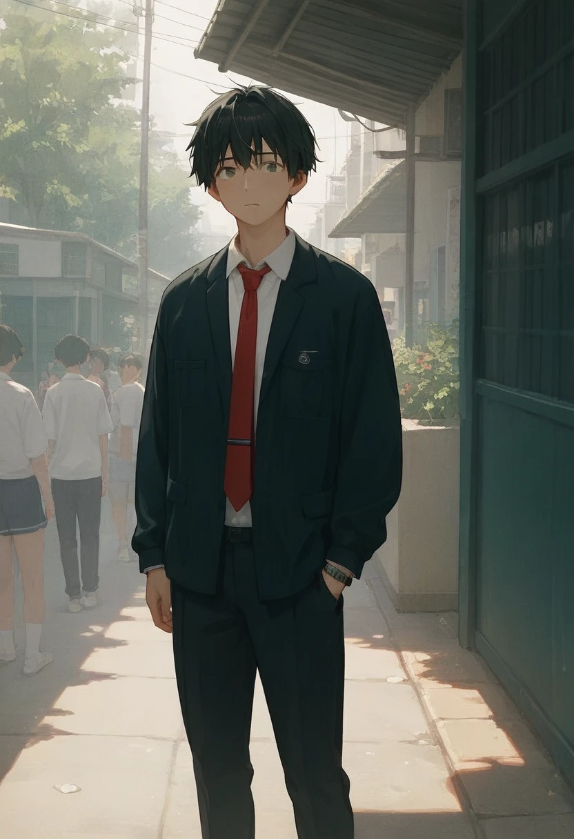  male、二人のmale、high school student、Student Uniform、slacks、 loose necktie、whole body、Black Hair、Summer sunlight、study、二人のmaleがキスをする、 long bangs、Black Hair、