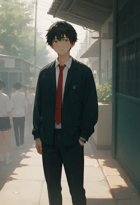 male、二人のmale、high school student、student uniform、slacks、 loose necktie、whole body、black hair、summer sunlight、study、二人のmaleがキスをする...