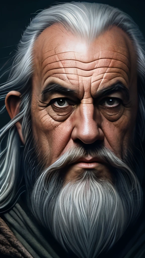 a close up of a painting of a man with a long beard and a long beard, a colorized photo by Ted Nasmith, reddit, fantasy art, gandalf, gandalf the grey, gandalf from lord of the rings, gandalf (lotr, lord of the rings concept art, sean connery as gandalf, portrait of gandalf