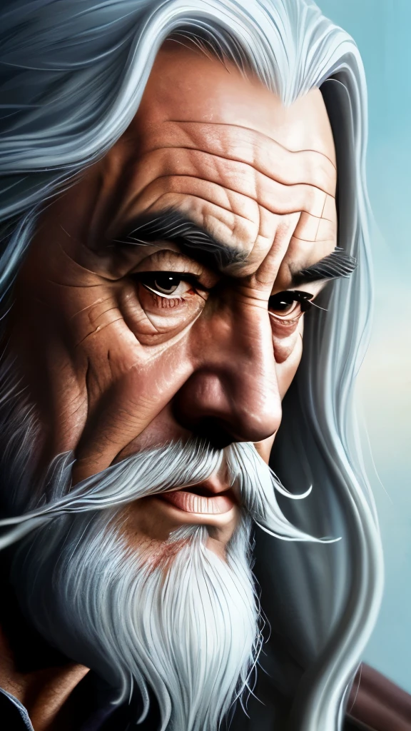 a close up of a painting of a man with a long beard and a long beard, a colorized photo by Ted Nasmith, reddit, fantasy art, gandalf, gandalf the grey, gandalf from lord of the rings, gandalf (lotr, lord of the rings concept art, sean connery as gandalf, portrait of gandalf