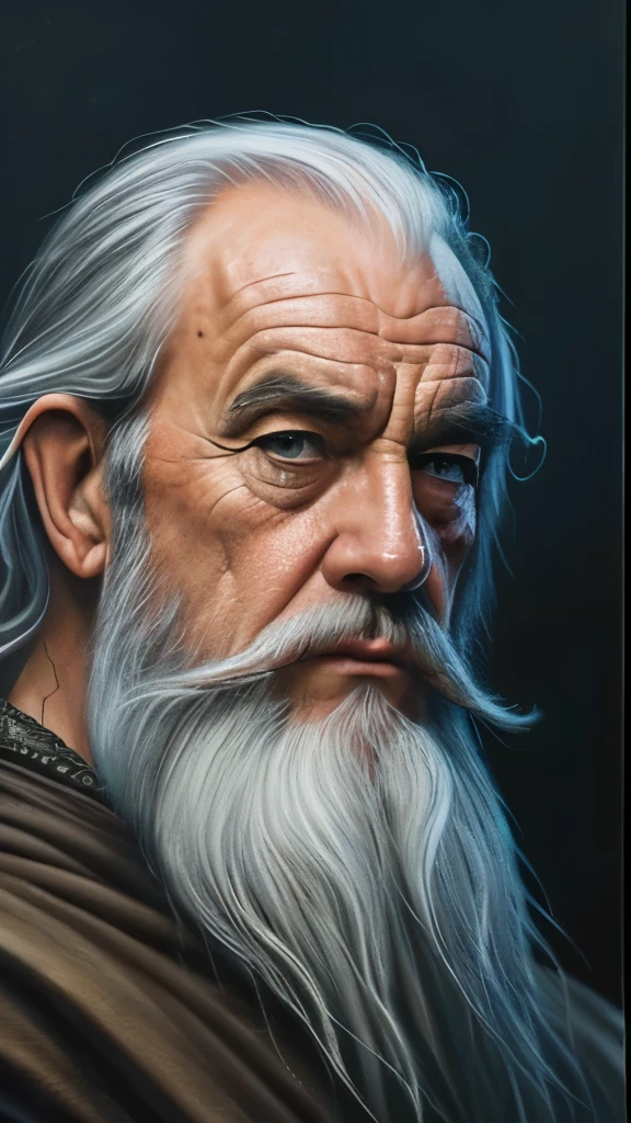 a close up of a painting of a man with a long beard and a long beard, a colorized photo by Ted Nasmith, reddit, fantasy art, gandalf, gandalf the grey, gandalf from lord of the rings, gandalf (lotr, lord of the rings concept art, sean connery as gandalf, portrait of gandalf