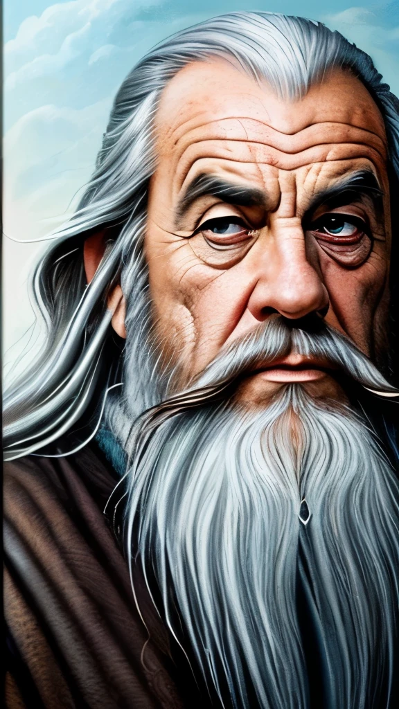 a close up of a painting of a man with a long beard and a long beard, a colorized photo by Ted Nasmith, reddit, fantasy art, gandalf, gandalf the grey, gandalf from lord of the rings, gandalf (lotr, lord of the rings concept art, sean connery as gandalf, portrait of gandalf