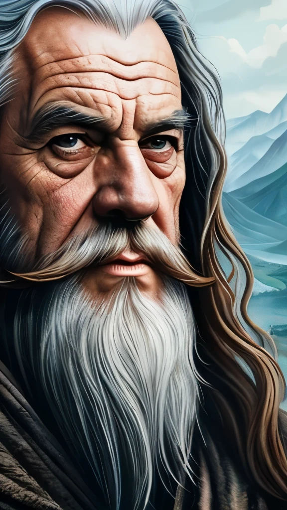 a close up of a painting of a man with a long beard and a long beard, a colorized photo by Ted Nasmith, reddit, fantasy art, gandalf, gandalf the grey, gandalf from lord of the rings, gandalf (lotr, lord of the rings concept art, sean connery as gandalf, portrait of gandalf