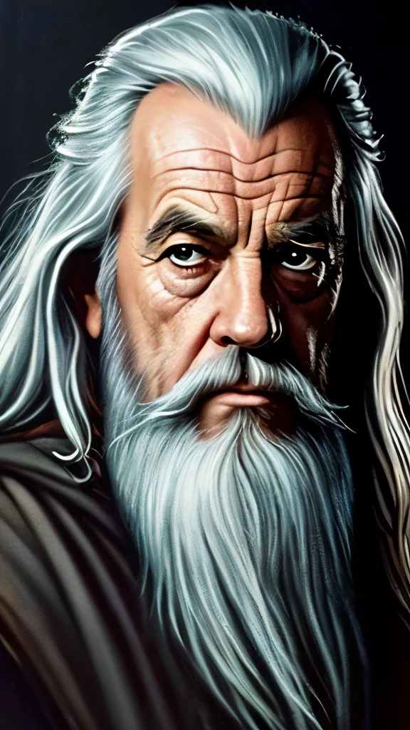 a close up of a painting of a man with a long beard and a long beard, a colorized photo by Ted Nasmith, reddit, fantasy art, gandalf, gandalf the grey, gandalf from lord of the rings, gandalf (lotr, lord of the rings concept art, sean connery as gandalf, portrait of gandalf