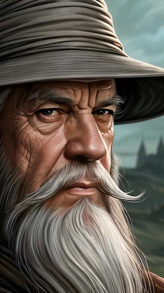 a close up of a painting of a man with a long beard and a long beard, a colorized photo by Ted Nasmith, reddit, fantasy art, gandalf, gandalf the grey, gandalf from lord of the rings, gandalf (lotr, lord of the rings concept art, sean connery as gandalf, portrait of gandalf