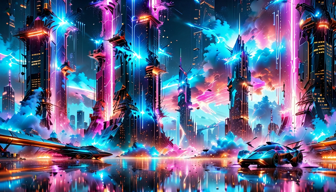 A Masterpiece In 32K Resolution, Supreme Quality, Super Detail, Official Art, Very High-Resolution 32K Wallpaper, Beautiful And Aesthetic, Ultra-Detailed Features, Awe-Inspiring Detail. Gigantic Neon Towers Rise Into The Night Sky, Their Surfaces Reflecting The Light Of The Universe. Electric Rain Falls From A Clouded Sky, Splattering Against The Metallic Streets. A Sleek Spaceship Soars Through The Sky, Leaving Streams Of Light, Futuristic Metropolis Below.