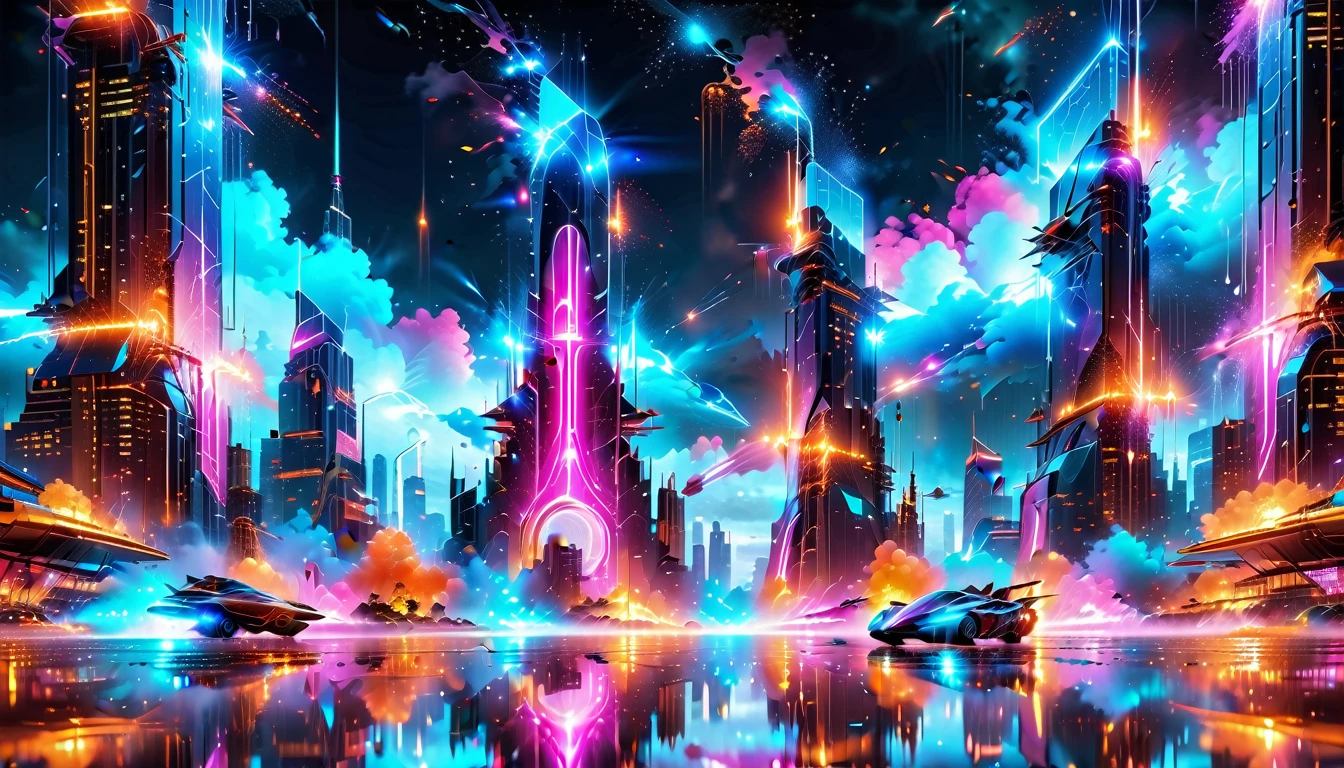 A Masterpiece In 32K Resolution, Supreme Quality, Super Detail, Official Art, Very High-Resolution 32K Wallpaper, Beautiful And Aesthetic, Ultra-Detailed Features, Awe-Inspiring Detail. Gigantic Neon Towers Rise Into The Night Sky, Their Surfaces Reflecting The Light Of The Universe. Electric Rain Falls From A Clouded Sky, Splattering Against The Metallic Streets. A Sleek Spaceship Soars Through The Sky, Leaving Streams Of Light, Futuristic Metropolis Below.