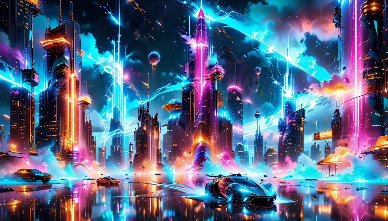 A Masterpiece In 32K Resolution, Supreme Quality, Super Detail, Official Art, Very High-Resolution 32K Wallpaper, Beautiful And Aesthetic, Ultra-Detailed Features, Awe-Inspiring Detail. Gigantic Neon Towers Rise Into The Night Sky, Their Surfaces Reflecting The Light Of The Universe. Electric Rain Falls From A Clouded Sky, Splattering Against The Metallic Streets. A Sleek Spaceship Soars Through The Sky, Leaving Streams Of Light, Futuristic Metropolis Below.