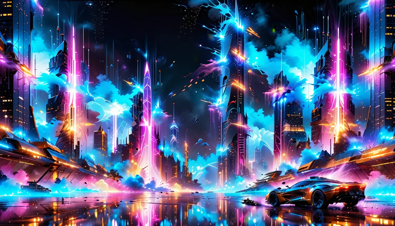 A Masterpiece In 32K Resolution, Supreme Quality, Super Detail, Official Art, Very High-Resolution 32K Wallpaper, Beautiful And Aesthetic, Ultra-Detailed Features, Awe-Inspiring Detail. Gigantic Neon Towers Rise Into The Night Sky, Their Surfaces Reflecting The Light Of The Universe. Electric Rain Falls From A Clouded Sky, Splattering Against The Metallic Streets. A Sleek Spaceship Soars Through The Sky, Leaving Streams Of Light, Futuristic Metropolis Below.