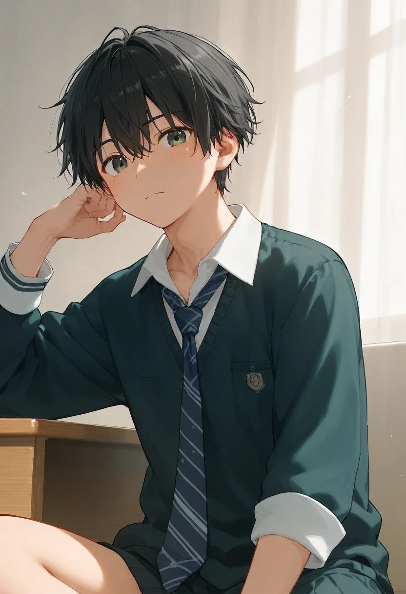  male、二人のmale、high school student、Student Uniform、slacks、 loose necktie、whole body、Black Hair、Summer sunlight、male同士のの濃厚なキスをする、male同士の恋愛、 long bangs、Black Hair、