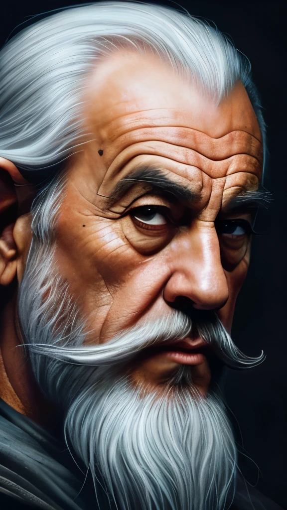 a close up of a painting of a man with a long beard and a long beard, a colorized photo by Ted Nasmith, reddit, fantasy art, gandalf, gandalf the grey, gandalf from lord of the rings, gandalf (lotr, lord of the rings concept art, sean connery as gandalf, portrait of gandalf