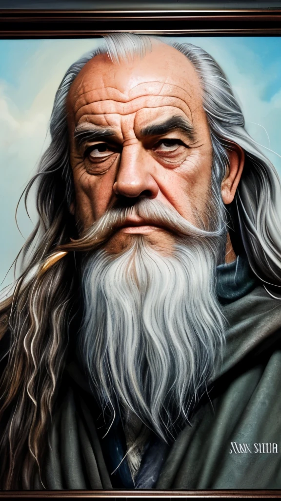 a close up of a painting of a man with a long beard and a long beard, a colorized photo by Ted Nasmith, reddit, fantasy art, gandalf, gandalf the grey, gandalf from lord of the rings, gandalf (lotr, lord of the rings concept art, sean connery as gandalf, portrait of gandalf