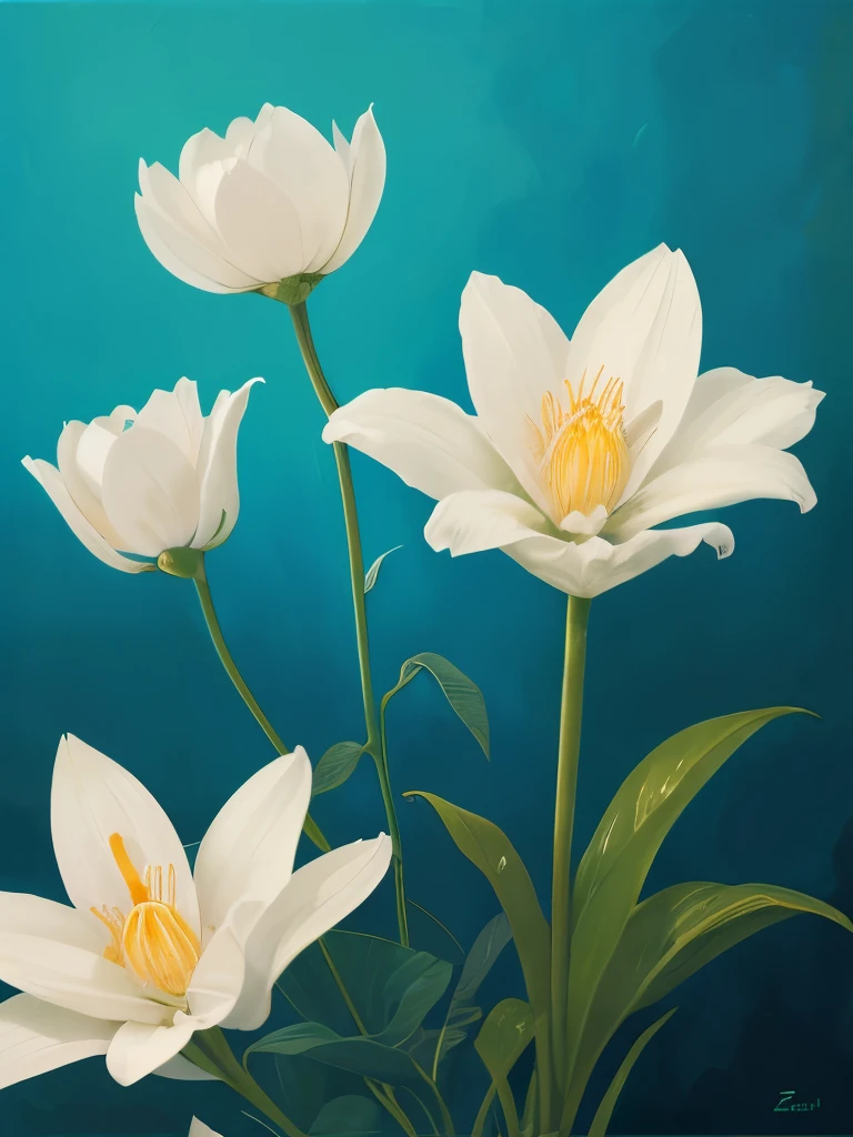 painting of three white flowers with blue centers on a green background, a digital painting by Zelma Blakely, trending on cg society, art nouveau, glowing hue of teal, soothing colors, greenish blue tones, teal aesthetic, blue flowers, turquoise, blue - petals, beautiful large flowers, turqouise, serene expression, blue and cyan colors