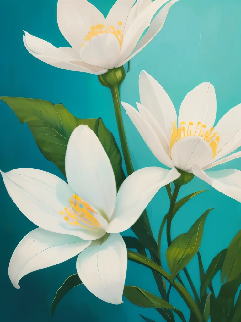 painting of three white flowers with blue centers on a green background, a digital painting by Zelma Blakely, trending on cg society, art nouveau, glowing hue of teal, soothing colors, greenish blue tones, teal aesthetic, blue flowers, turquoise, blue - petals, beautiful large flowers, turqouise, serene expression, blue and cyan colors