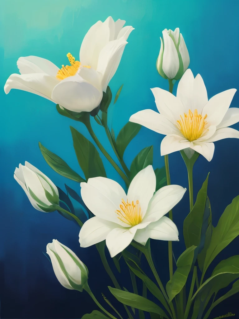 painting of three white flowers with blue centers on a green background, a digital painting by Zelma Blakely, trending on cg society, art nouveau, glowing hue of teal, soothing colors, greenish blue tones, teal aesthetic, blue flowers, turquoise, blue - petals, beautiful large flowers, turqouise, serene expression, blue and cyan colors