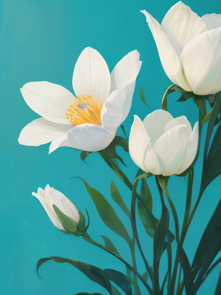 painting of three white flowers with blue centers on a green background, a digital painting by Zelma Blakely, trending on cg society, art nouveau, glowing hue of teal, soothing colors, greenish blue tones, teal aesthetic, blue flowers, turquoise, blue - petals, beautiful large flowers, turqouise, serene expression, blue and cyan colors