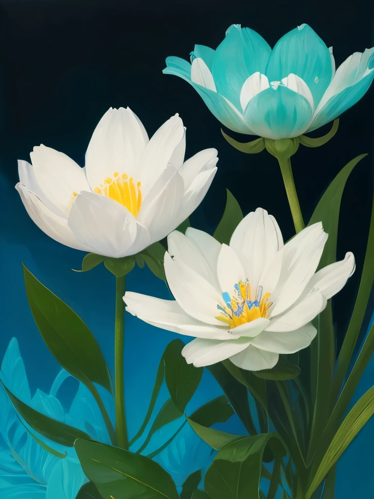 painting of three white flowers with blue centers on a green background, a digital painting by Zelma Blakely, trending on cg society, art nouveau, glowing hue of teal, soothing colors, greenish blue tones, teal aesthetic, blue flowers, turquoise, blue - petals, beautiful large flowers, turqouise, serene expression, blue and cyan colors