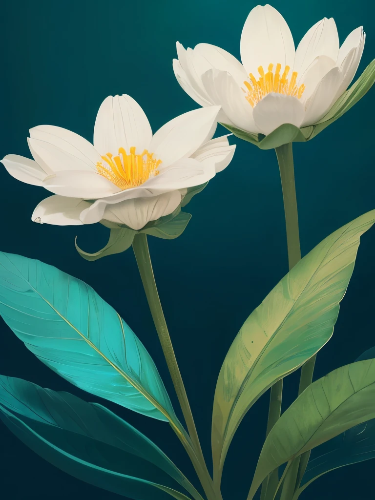 painting of three white flowers with blue centers on a green background, a digital painting by Zelma Blakely, trending on cg society, art nouveau, glowing hue of teal, soothing colors, greenish blue tones, teal aesthetic, blue flowers, turquoise, blue - petals, beautiful large flowers, turqouise, serene expression, blue and cyan colors