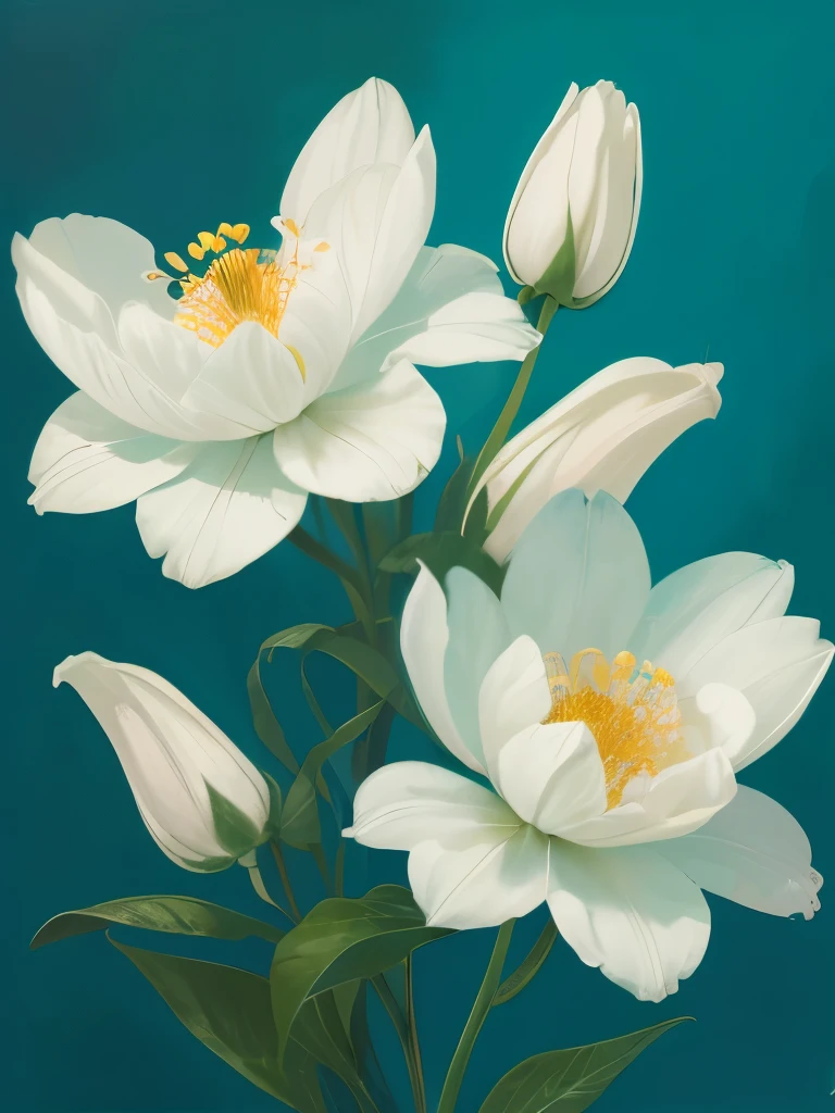 painting of three white flowers with blue centers on a green background, a digital painting by Zelma Blakely, trending on cg society, art nouveau, glowing hue of teal, soothing colors, greenish blue tones, teal aesthetic, blue flowers, turquoise, blue - petals, beautiful large flowers, turqouise, serene expression, blue and cyan colors