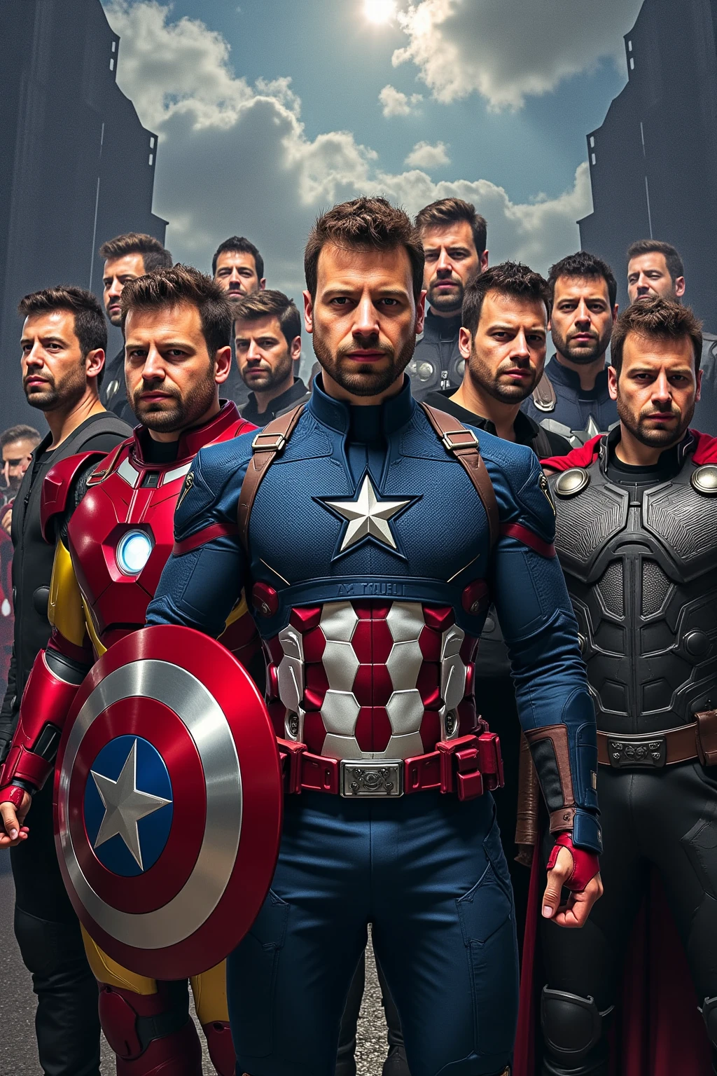 Create an image of all the male Avengers assembled together, each with their face replaced by the face of Titoworld. Ensure that no characters are repeated and include Hulk in the group.