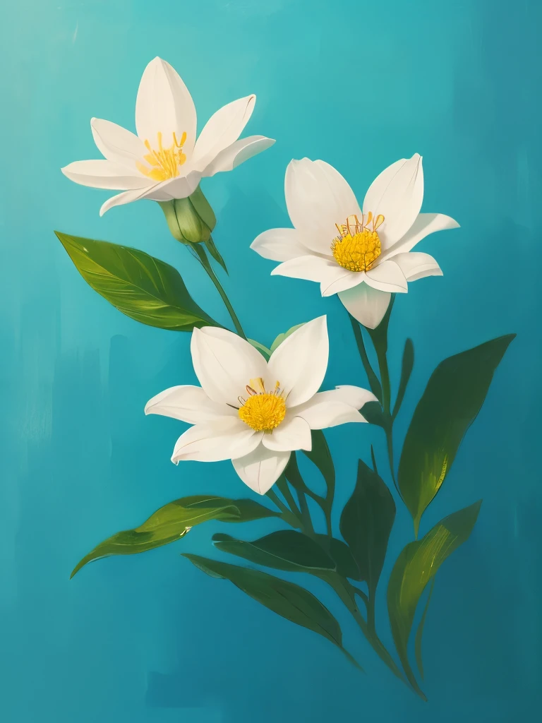 painting of three white flowers with blue centers on a green background, a digital painting by Zelma Blakely, trending on cg society, art nouveau, glowing hue of teal, soothing colors, greenish blue tones, teal aesthetic, blue flowers, turquoise, blue - petals, beautiful large flowers, turqouise, serene expression, blue and cyan colors