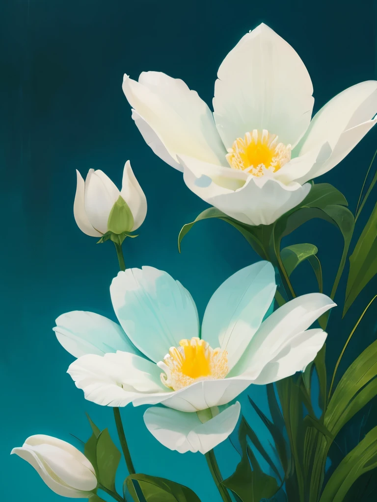 painting of three white flowers with blue centers on a green background, a digital painting by Zelma Blakely, trending on cg society, art nouveau, glowing hue of teal, soothing colors, greenish blue tones, teal aesthetic, blue flowers, turquoise, blue - petals, beautiful large flowers, turqouise, serene expression, blue and cyan colors