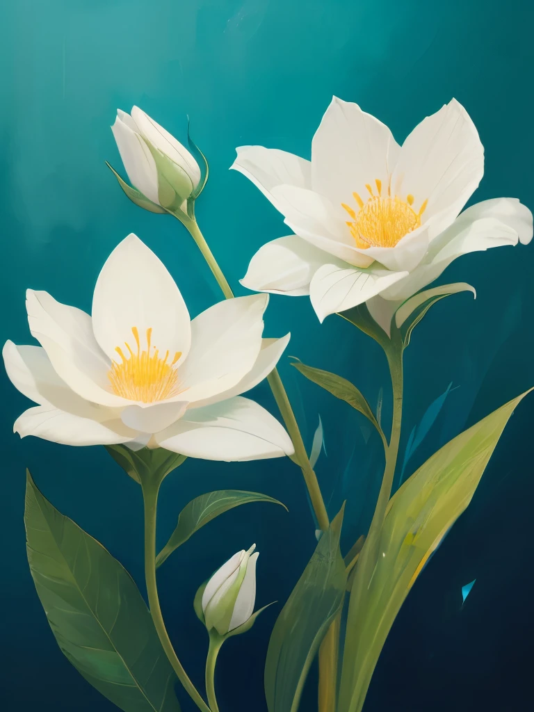 painting of three white flowers with blue centers on a green background, a digital painting by Zelma Blakely, trending on cg society, art nouveau, glowing hue of teal, soothing colors, greenish blue tones, teal aesthetic, blue flowers, turquoise, blue - petals, beautiful large flowers, turqouise, serene expression, blue and cyan colors