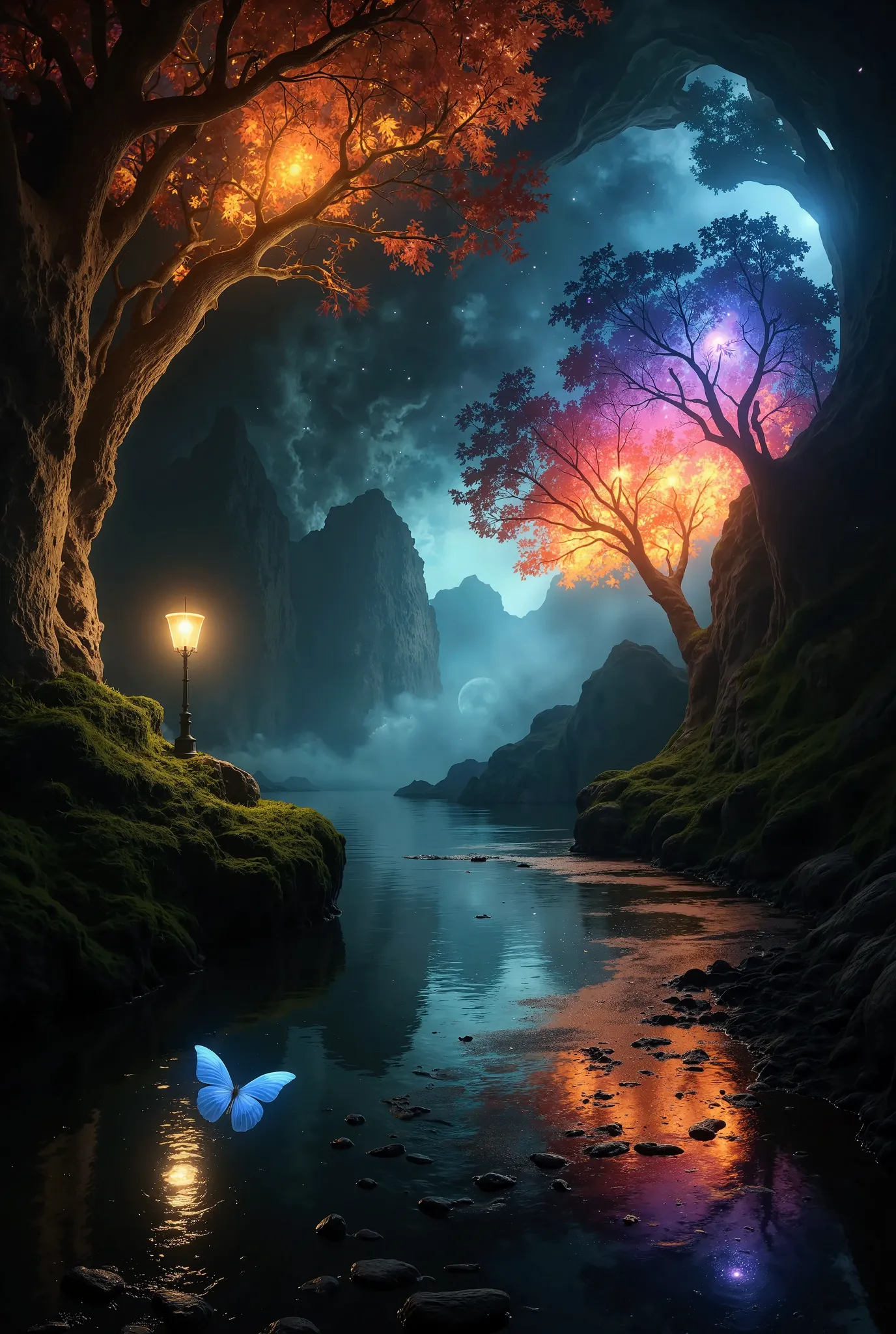 a high-fidelity, ultra-quality fantasy elemental landscape scene reveals a pristine underground forest, teeming with bioluminesc...