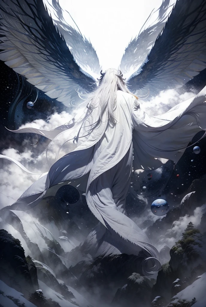 Backview of handsome Xianxia protagonist, use white  robe,long silver hair,and facing background of infinite planet on outer space 