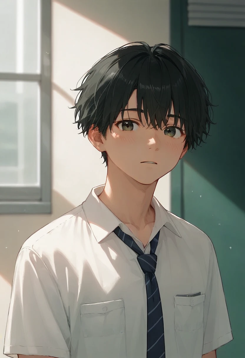 male、二人のmale、high school student、Student Uniform、slacks、 loose necktie、whole body、Black Hair、Summer sunlight、male同士のキス、 long bangs、Black Hair、