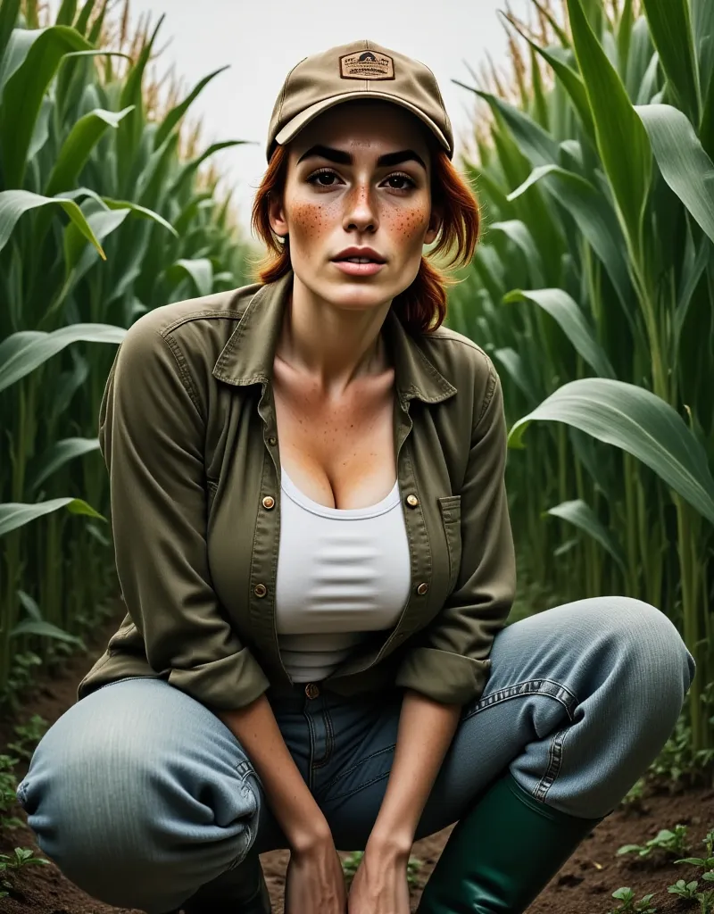 photorealistic, cinematic style, low angle picture of a beautiful british woman kneeling in a cornfield between rows of tall cor...