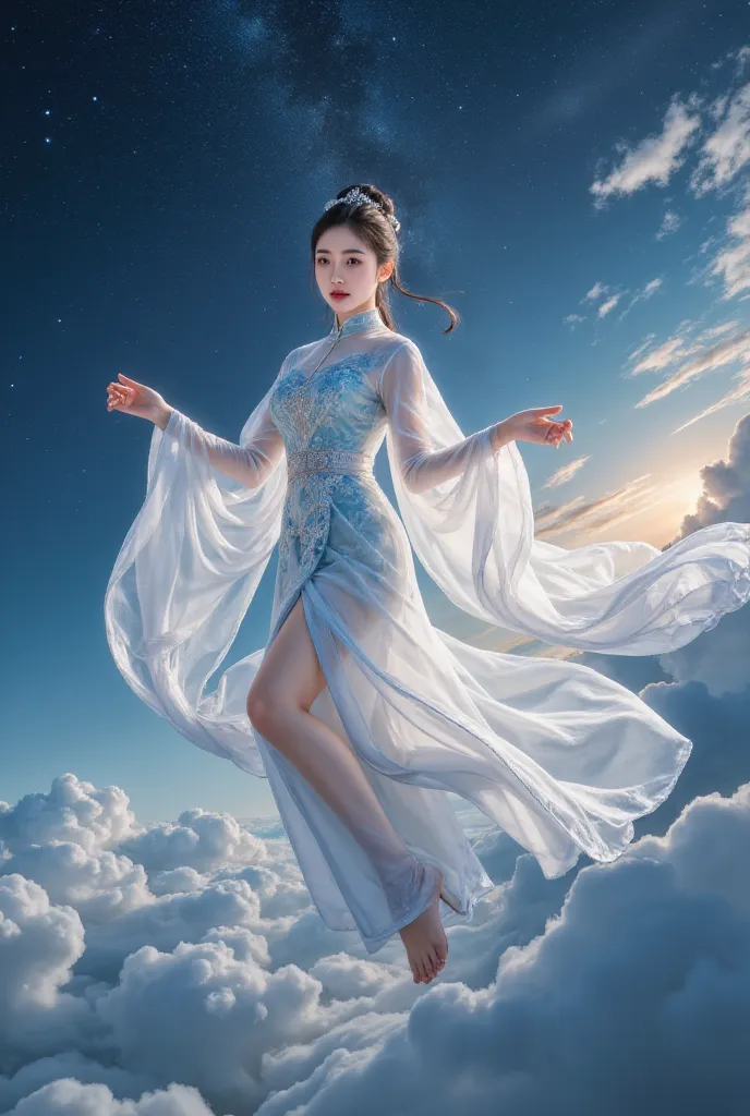 1 girl,  beautiful chinese princess ,  flying on a magical flying carpet, night sky background, high quality,  best quality, 8k,...