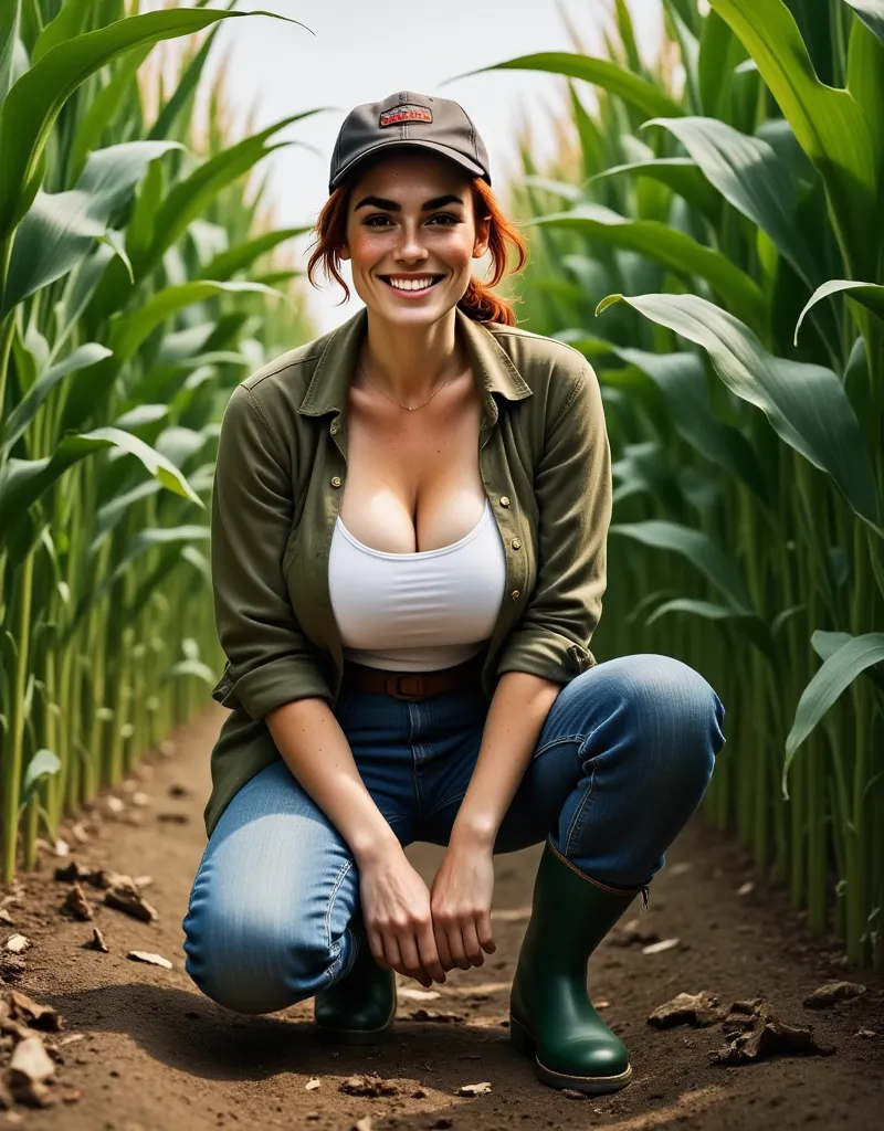 photorealistic, cinematic style, low angle picture of a beautiful british woman kneeling in a cornfield between rows of tall cor...