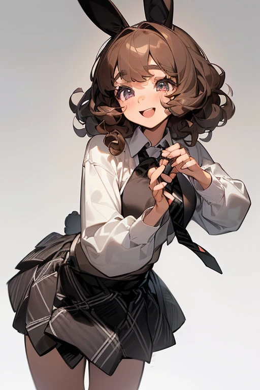 ((Masterpiece:1.5, Best Quality, High Resolution:1.3, Super Resolution, Super Detailed, Ultra Detailed:1.3, Perfect Anatomy:1.5, 1 Female) Light Skin + Very Curly Brown Hair + Gray Eyes + Long Eyelashes + Female Figure (Black Skirt, Oversized Bunny Ears Sweatshirt, Black and White Plaid Tie) ((Pretty Eyes, Cheerful Expression))