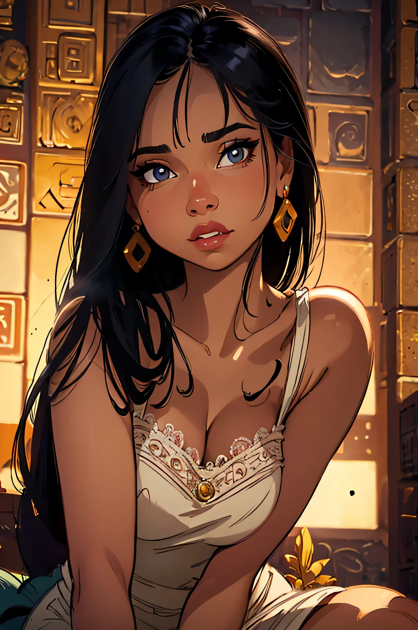 a beautiful latina woman, sitting on her knees, looking directly at the viewer, intricate detailed facial features, beautiful eyes, lush lips, delicate skin, ornate jewelry, intricate lace dress, dramatic lighting, cinematic composition, ultra-detailed, photorealistic, award-winning portrait