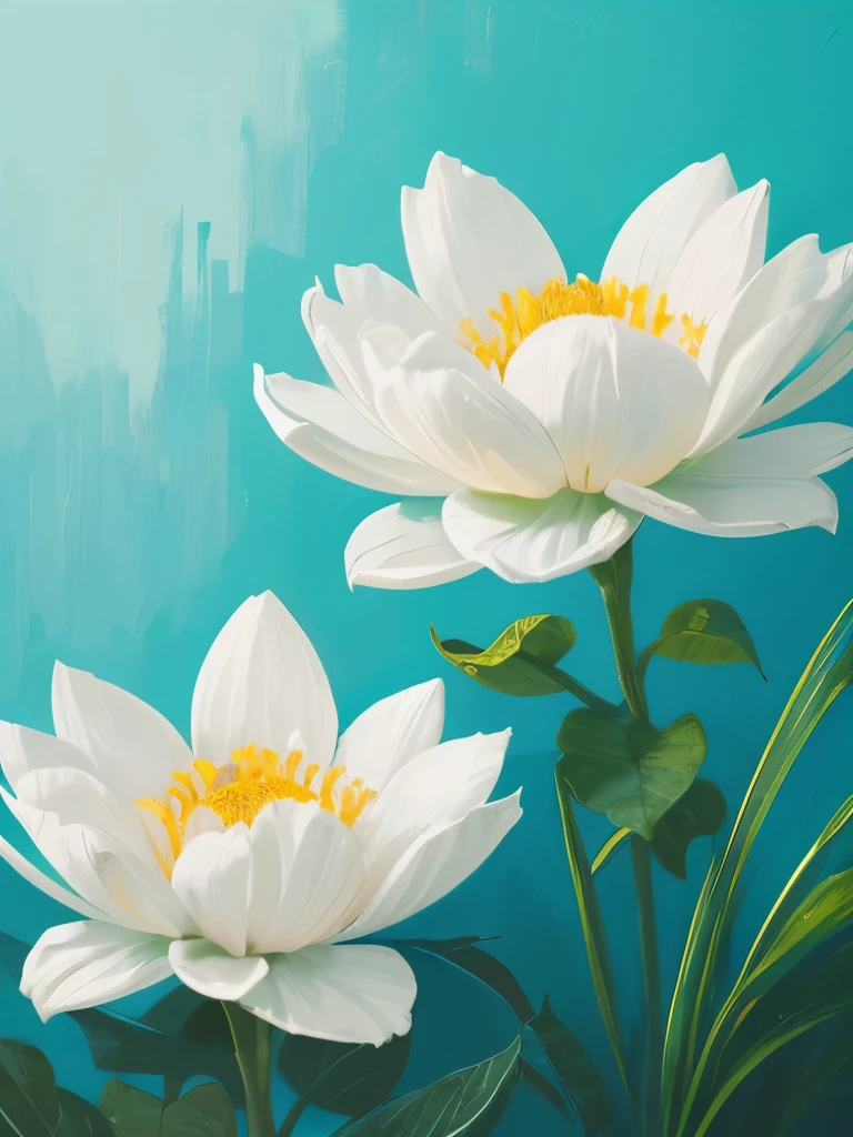 painting of three white flowers with blue centers on a green background, a digital painting by Zelma Blakely, trending on cg society, art nouveau, glowing hue of teal, soothing colors, greenish blue tones, teal aesthetic, blue flowers, turquoise, blue - petals, beautiful large flowers, turqouise, serene expression, blue and cyan colors