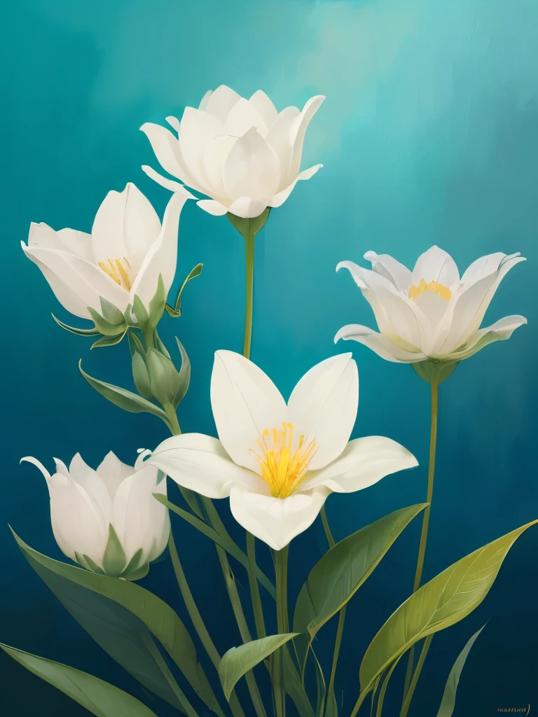 painting of three white flowers with blue centers on a green background, a digital painting by Zelma Blakely, trending on cg society, art nouveau, glowing hue of teal, soothing colors, greenish blue tones, teal aesthetic, blue flowers, turquoise, blue - petals, beautiful large flowers, turqouise, serene expression, blue and cyan colors