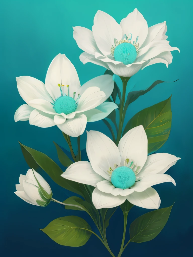 painting of three white flowers with blue centers on a green background, a digital painting by Zelma Blakely, trending on cg society, art nouveau, glowing hue of teal, soothing colors, greenish blue tones, teal aesthetic, blue flowers, turquoise, blue - petals, beautiful large flowers, turqouise, serene expression, blue and cyan colors