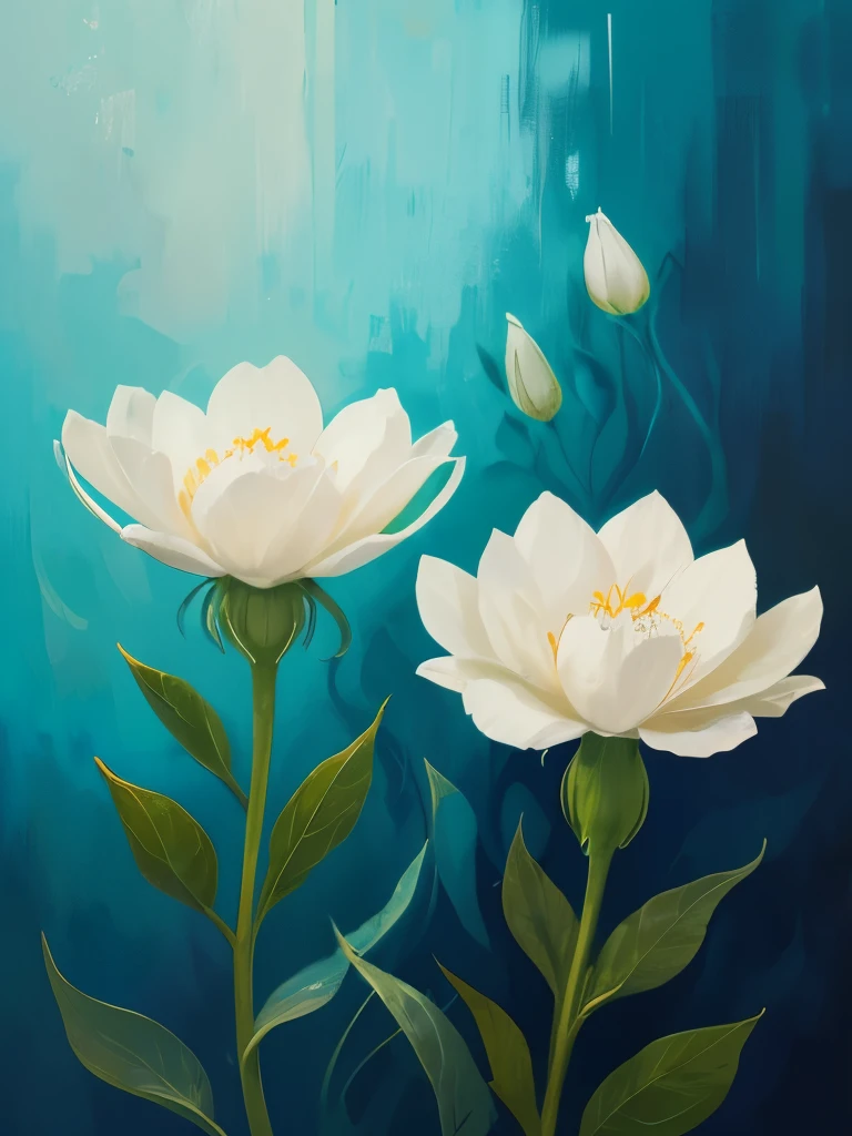 painting of three white flowers with blue centers on a green background, a digital painting by Zelma Blakely, trending on cg society, art nouveau, glowing hue of teal, soothing colors, greenish blue tones, teal aesthetic, blue flowers, turquoise, blue - petals, beautiful large flowers, turqouise, serene expression, blue and cyan colors