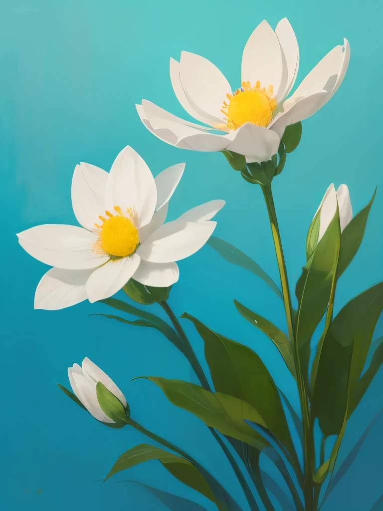 painting of three white flowers with blue centers on a green background, a digital painting by Zelma Blakely, trending on cg society, art nouveau, glowing hue of teal, soothing colors, greenish blue tones, teal aesthetic, blue flowers, turquoise, blue - petals, beautiful large flowers, turqouise, serene expression, blue and cyan colors