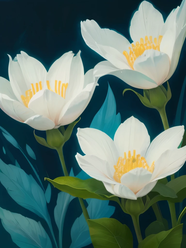 painting of three white flowers with blue centers on a green background, a digital painting by Zelma Blakely, trending on cg society, art nouveau, glowing hue of teal, soothing colors, greenish blue tones, teal aesthetic, blue flowers, turquoise, blue - petals, beautiful large flowers, turqouise, serene expression, blue and cyan colors